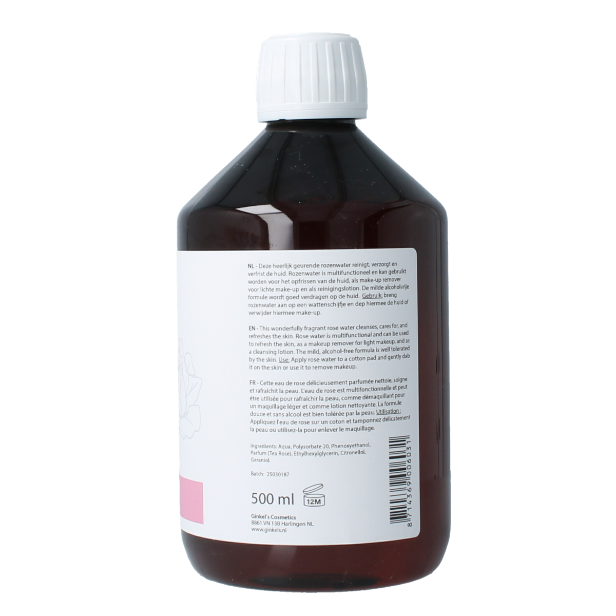 Ginkel's Rozenwater facial mist bottle, 500ml, with a clear transparent container and a white spray cap, for skincare.