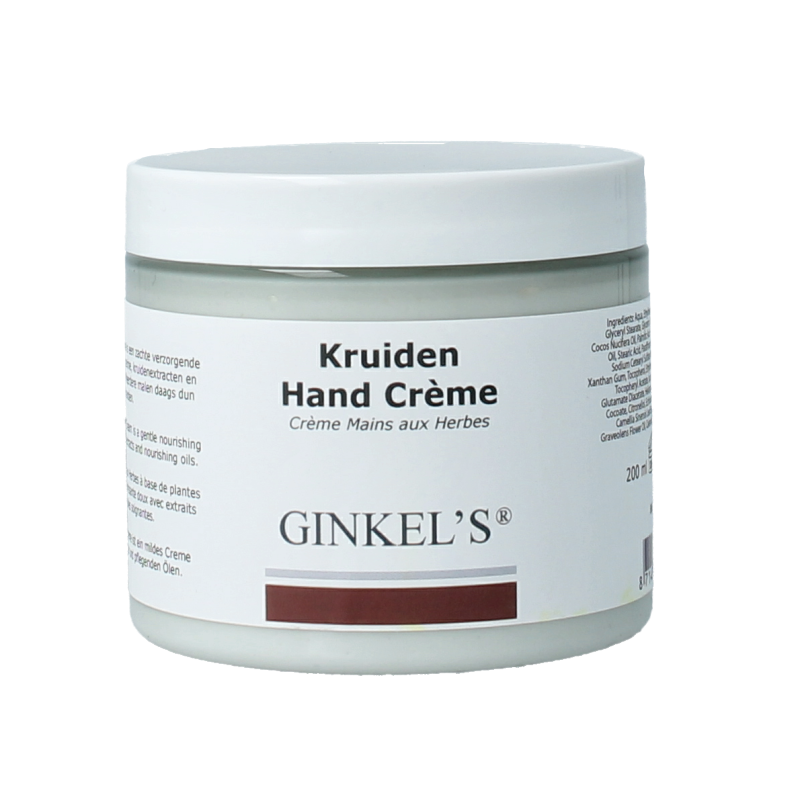 Ginkel's Kruiden handcreme in 200ml tube, hand care product with herbal ingredients, shown in a close-up image.