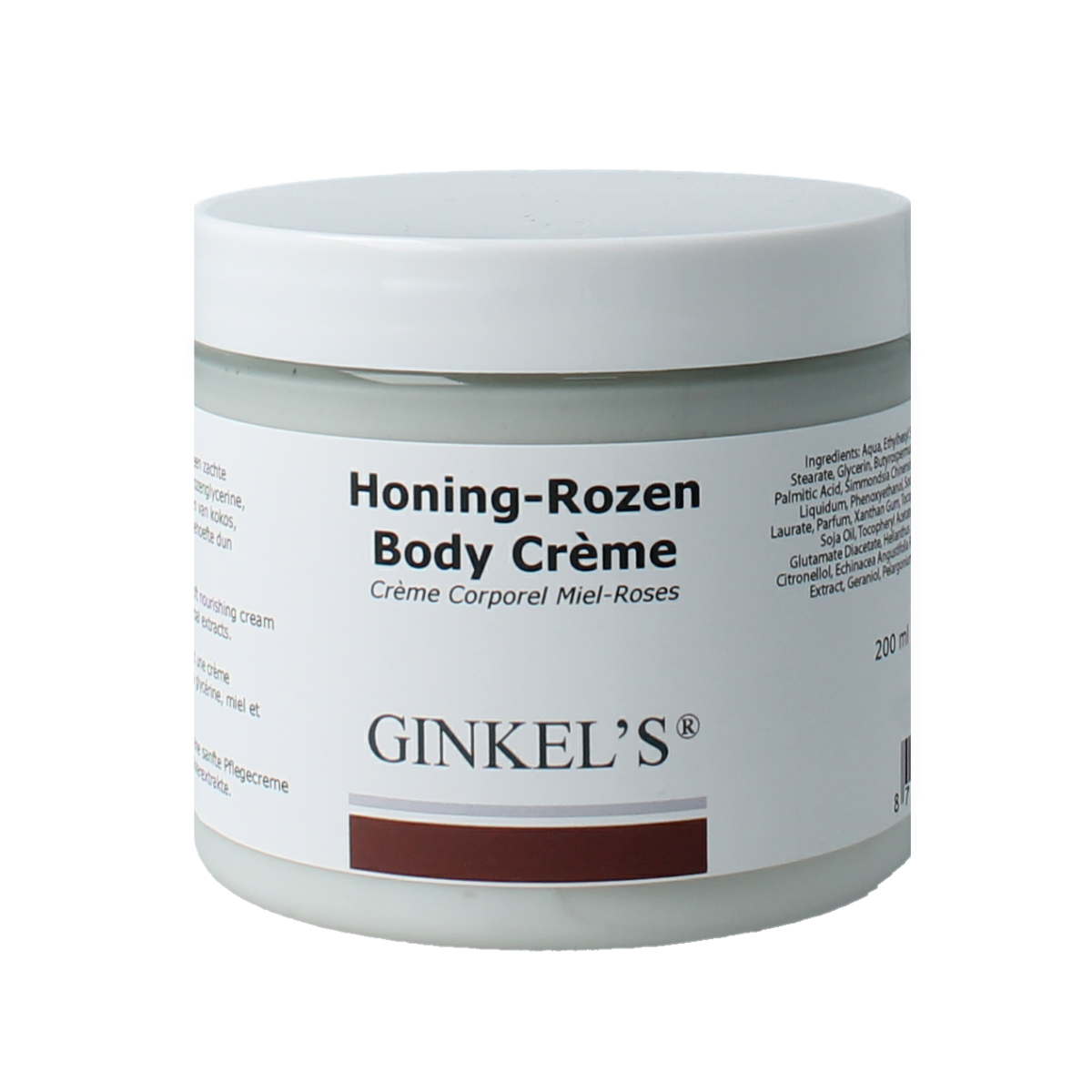 Ginkel's honing rozen bodycreme in 200ml jar, moisturizing body lotion with rose scent, for soft and nourished skin