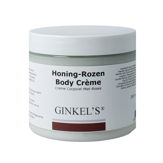 Ginkel's honing rozen bodycreme in 200ml jar, moisturizing body lotion with rose scent, for soft and nourished skin