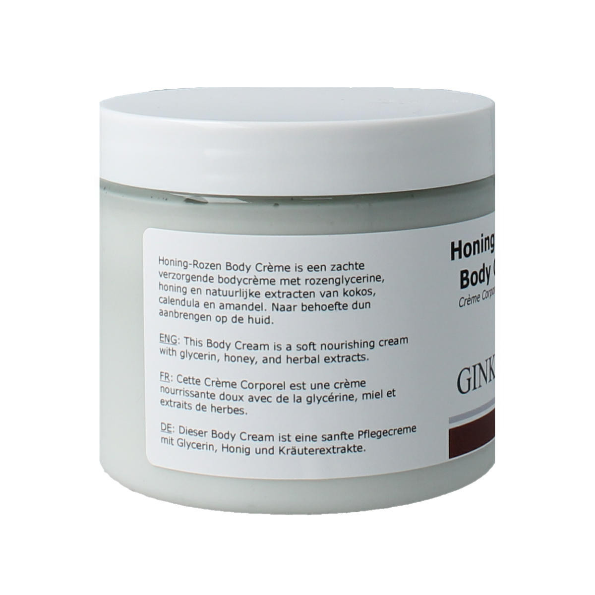 Ginkel's honing rozen bodycreme in 200ml jar, nourishing body care with honey and rose scent, shown in a close-up image