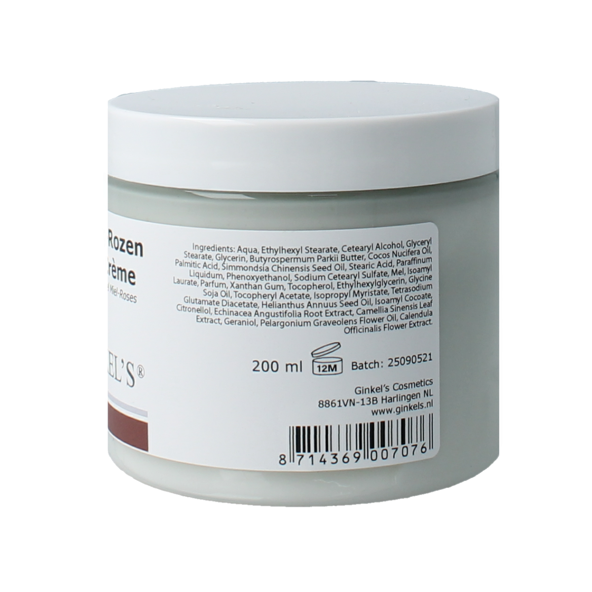 Ginkel's honing rozen bodycreme in 200ml jar, moisturizing body care product with rose scent and smooth texture