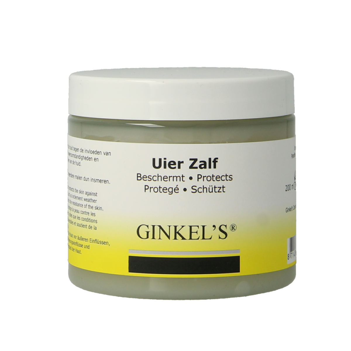 Ginkel's Uierzalf beschermend body care cream in a 200ml tube, designed for nourishing and protecting the skin.