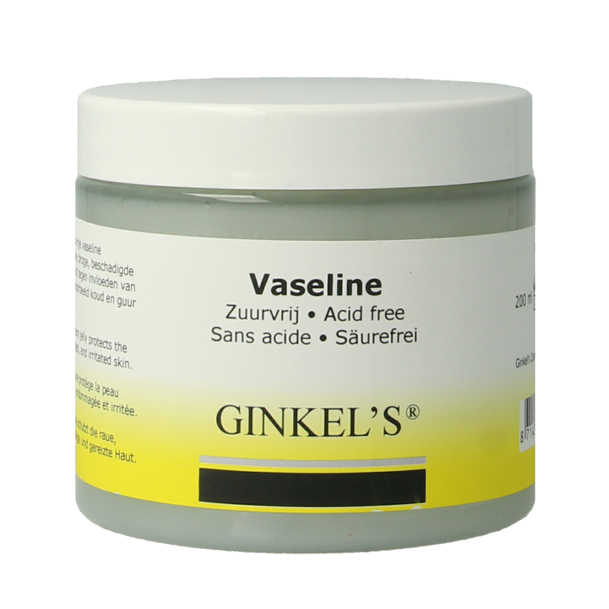 Ginkel's Vaseline zuurvrij body care jar, 200ml, featuring smooth, natural moisturizing skin care product with a white container.