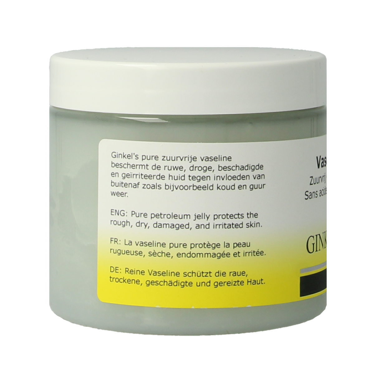 Ginkel's Vaseline zuurvrij 200ml, a jar of gentle, fragrance-free body moisturizer for soft, healthy skin.