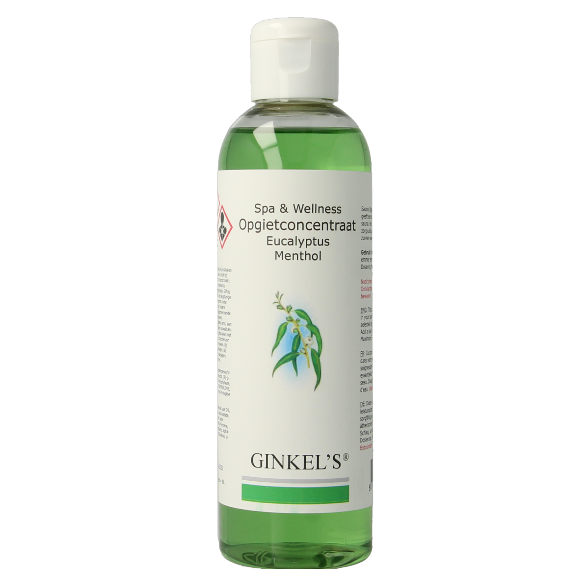 Ginkel's eucalyptus and menthol sauna steam concentrate in 200ml bottle, showcasing the aromatic essential oil for relaxation.