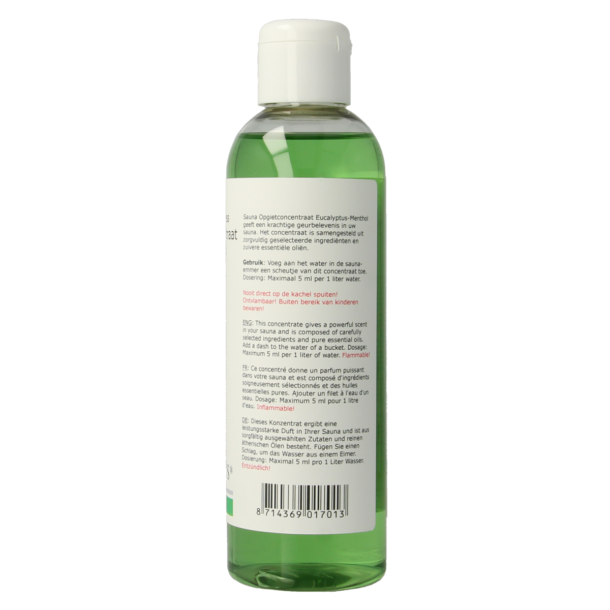 Ginkel's eucalyptus and menthol sauna steam concentrate in a 200ml bottle, natural essential oil for sauna aromatherapy.