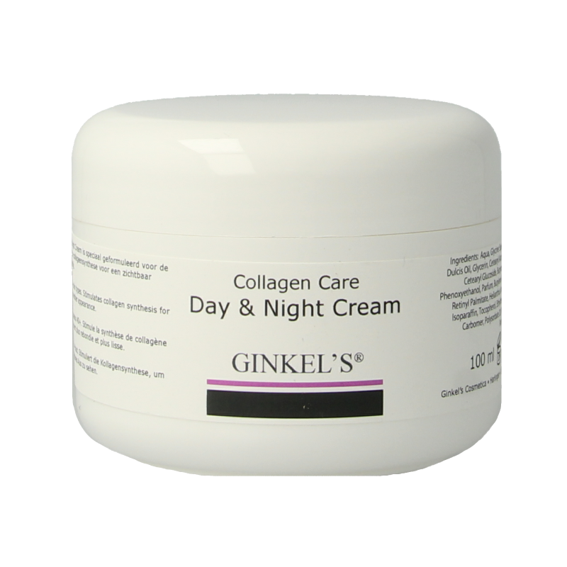 Ginkel's Collagen Care day and night facial cream in 100ml jar, showcasing the skincare product with a clean, elegant design.