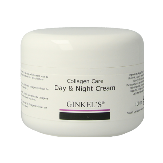 Ginkel's Collagen Care day and night facial cream in 100ml jar, showcasing the skincare product with a clean, elegant design.