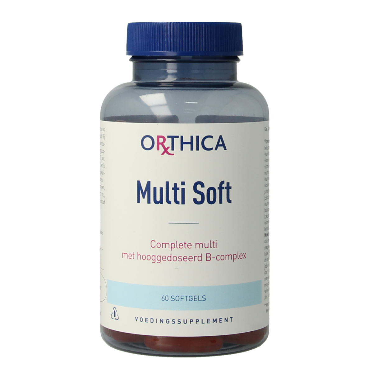 Orthica Multi Soft vitamin softgels in a transparent bottle, showing 60 softgel capsules for daily multivitamin support