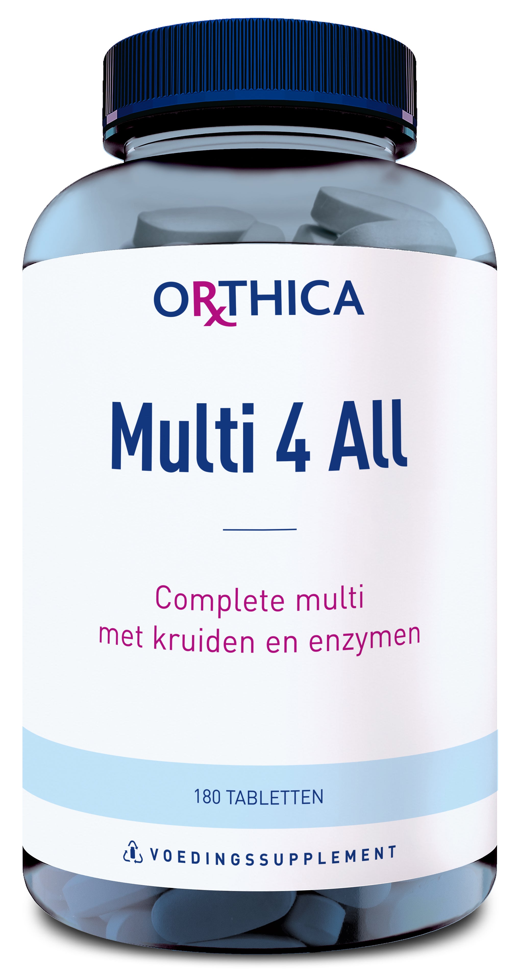 Orthica Multi 4 all multivitamin tablets in a bottle, showing colorful tablets for daily nutritional support.