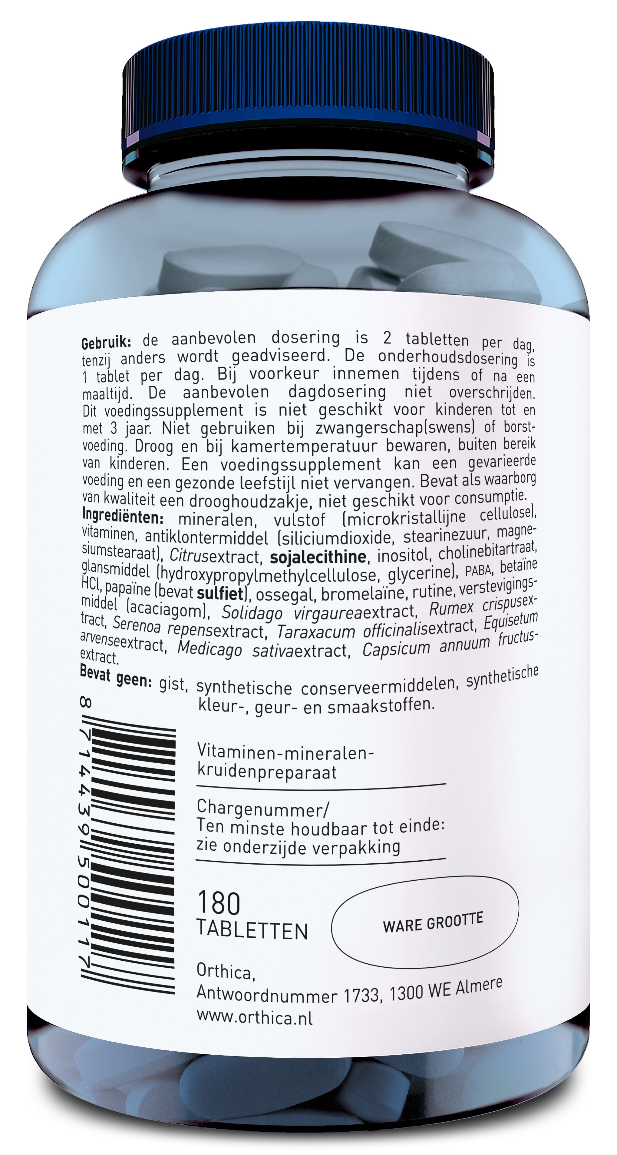 Orthica Multi 4 All multivitamin tablets in a white bottle with a label showing supplement details.