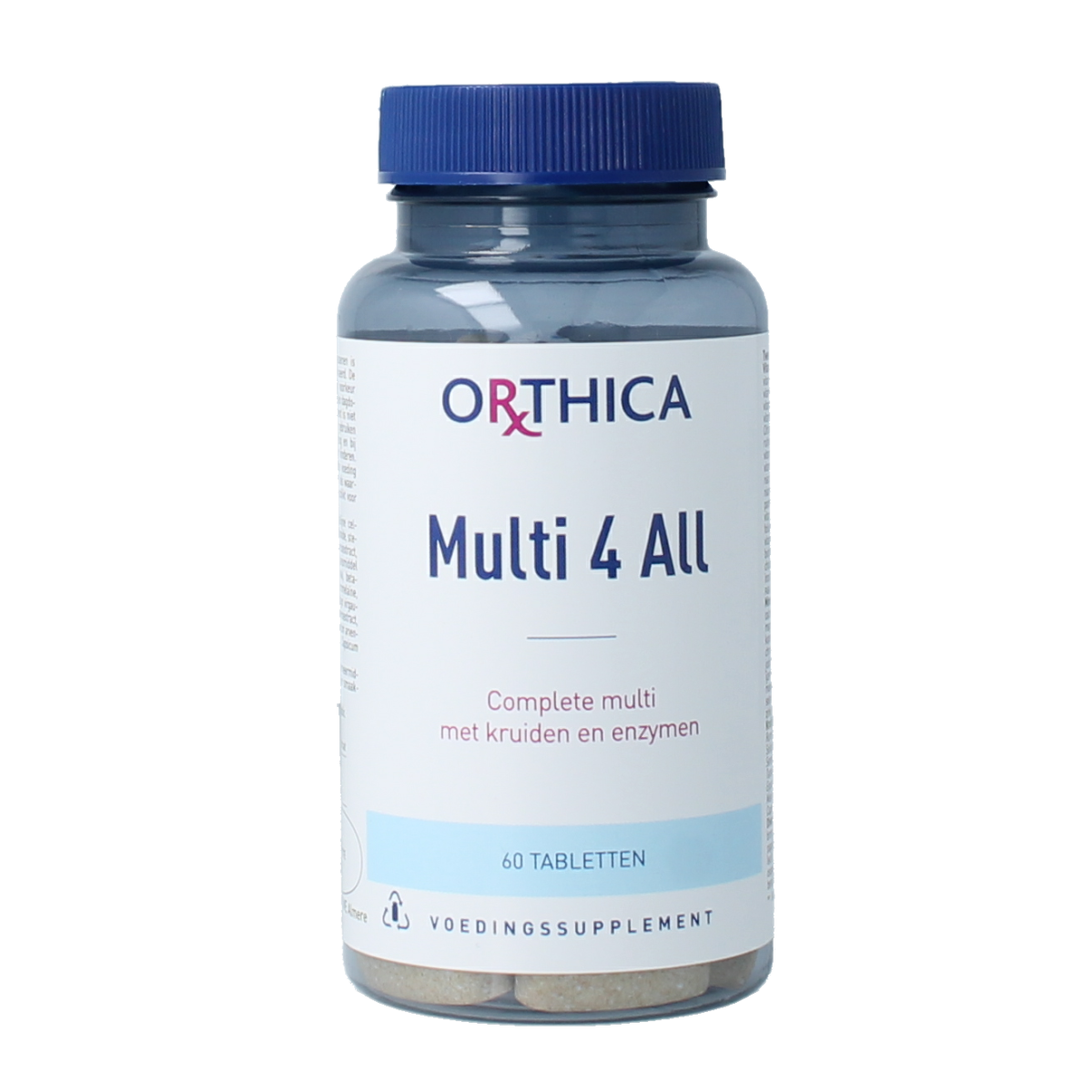 Orthica Multi 4 all vitamin multivitamin tablets in a bottle, dietary supplement for daily health support.