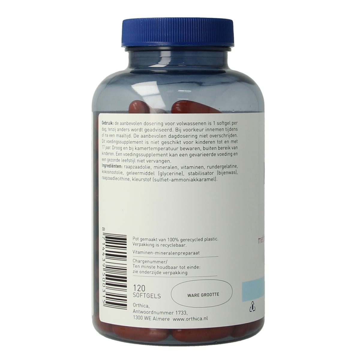 Orthica Multi Soft multivitamin softgels in a white bottle, showing the supplement label and softgel capsules.