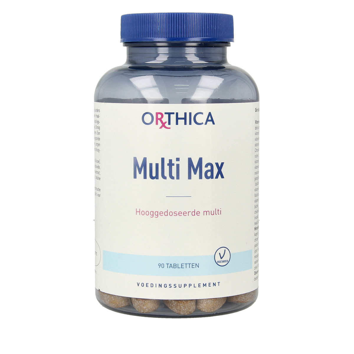 Orthica Multi Max multivitamin tablets in a blister pack, dietary supplement for daily vitamin and mineral intake.