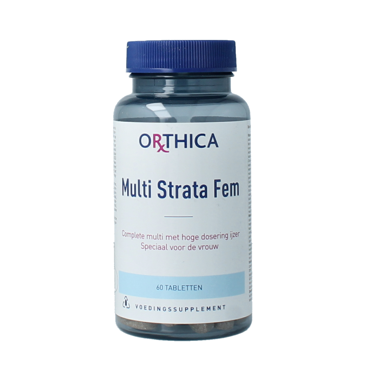 Orthica Multi Strata Fem multivitamin tablets in a blister pack, designed for women's nutritional support.