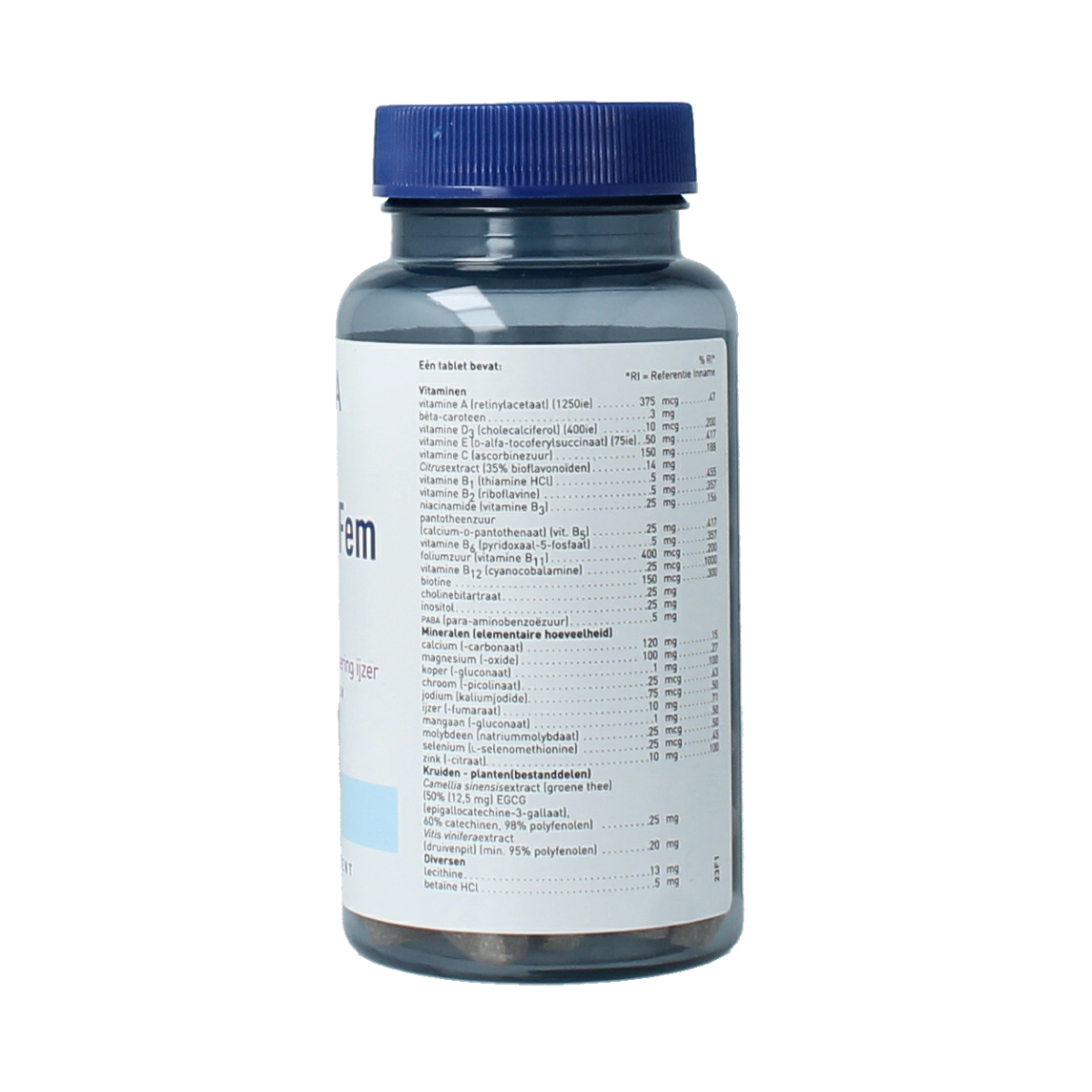 Orthica Multi Strata Fem multivitamin tablets, dietary supplement, featuring various vitamins in a blister pack.