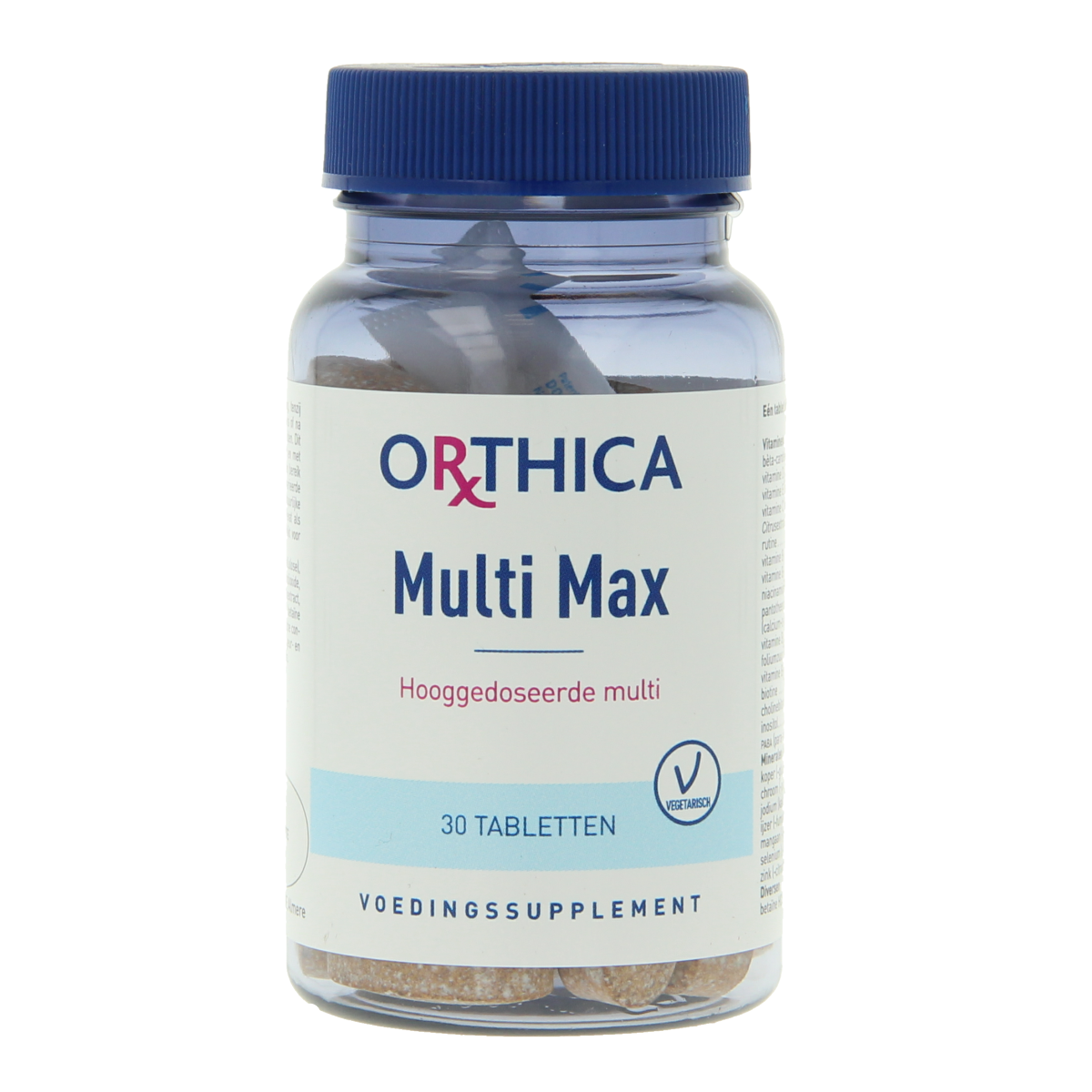 Orthica Multi Max multivitamin tablets in a bottle, dietary supplement for daily vitamin and mineral intake.