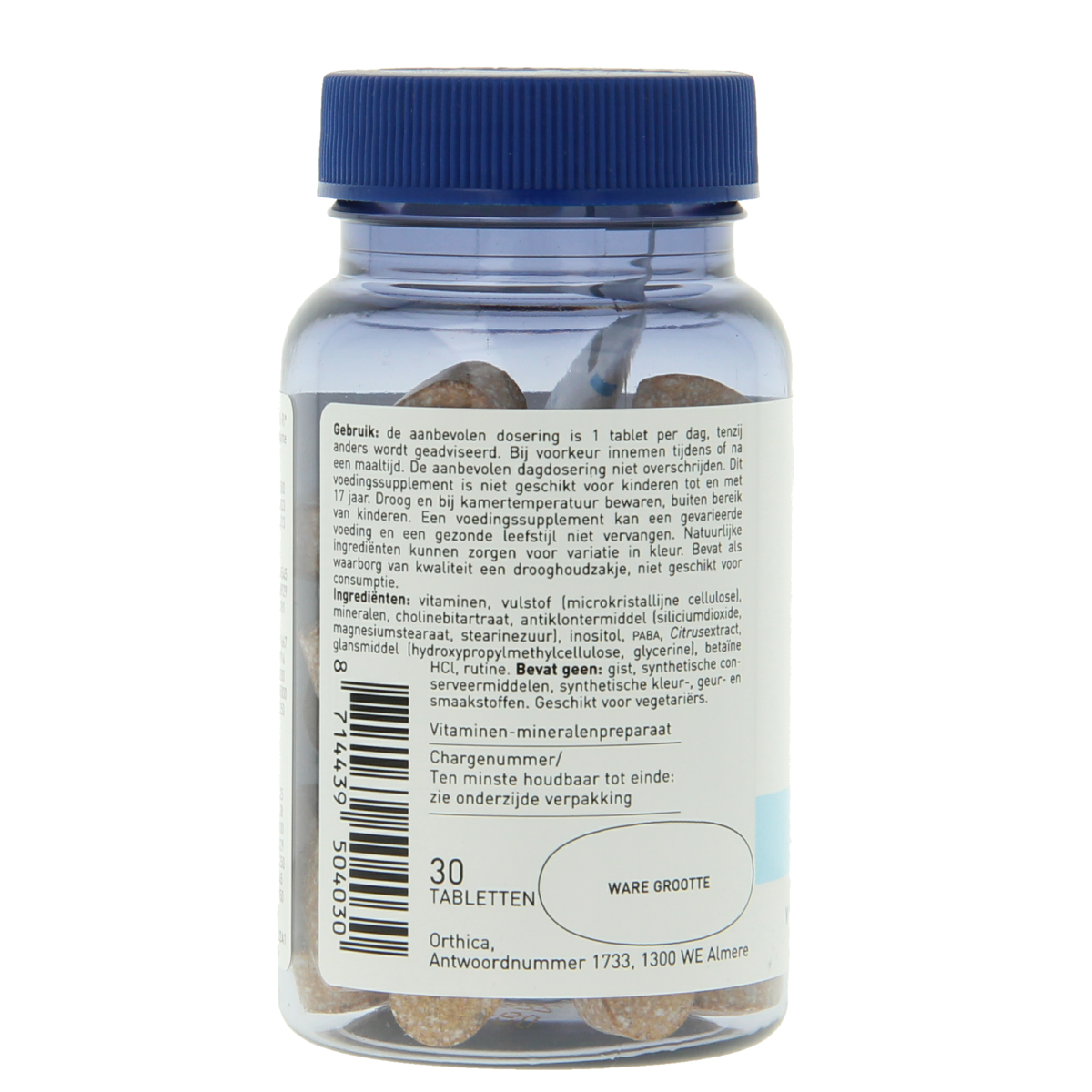 Orthica Multi Max multivitamin tablets in a bottle, showing the supplement's packaging and tablets inside.