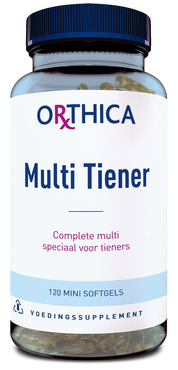 Orthica Multi Tiener softgel supplement bottle with label, showing 120 softgels for teenage nutrition and herbal support.