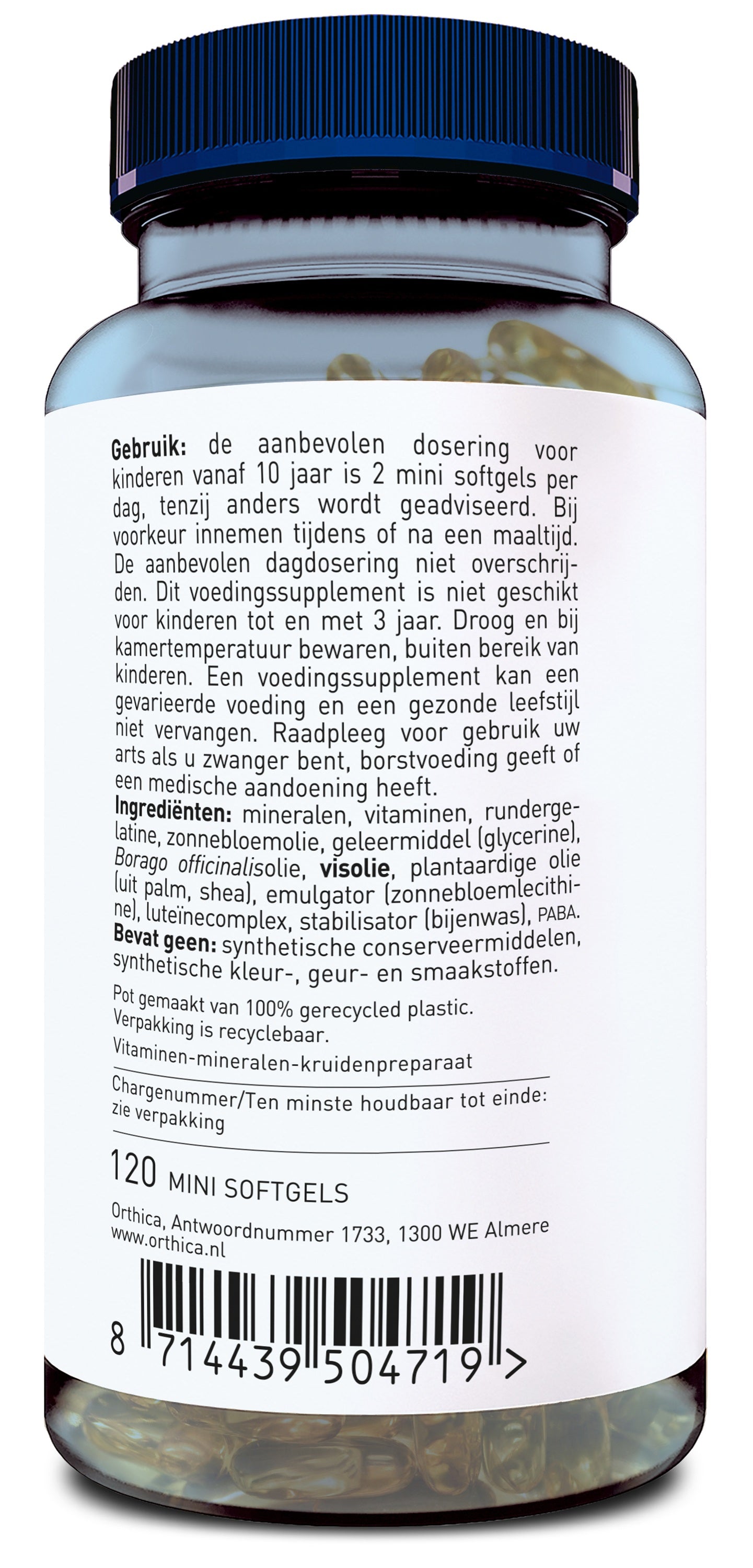 Orthica Multi Tiener softgel capsules, dietary supplement for teenagers, in a blister pack with several softgels visible.