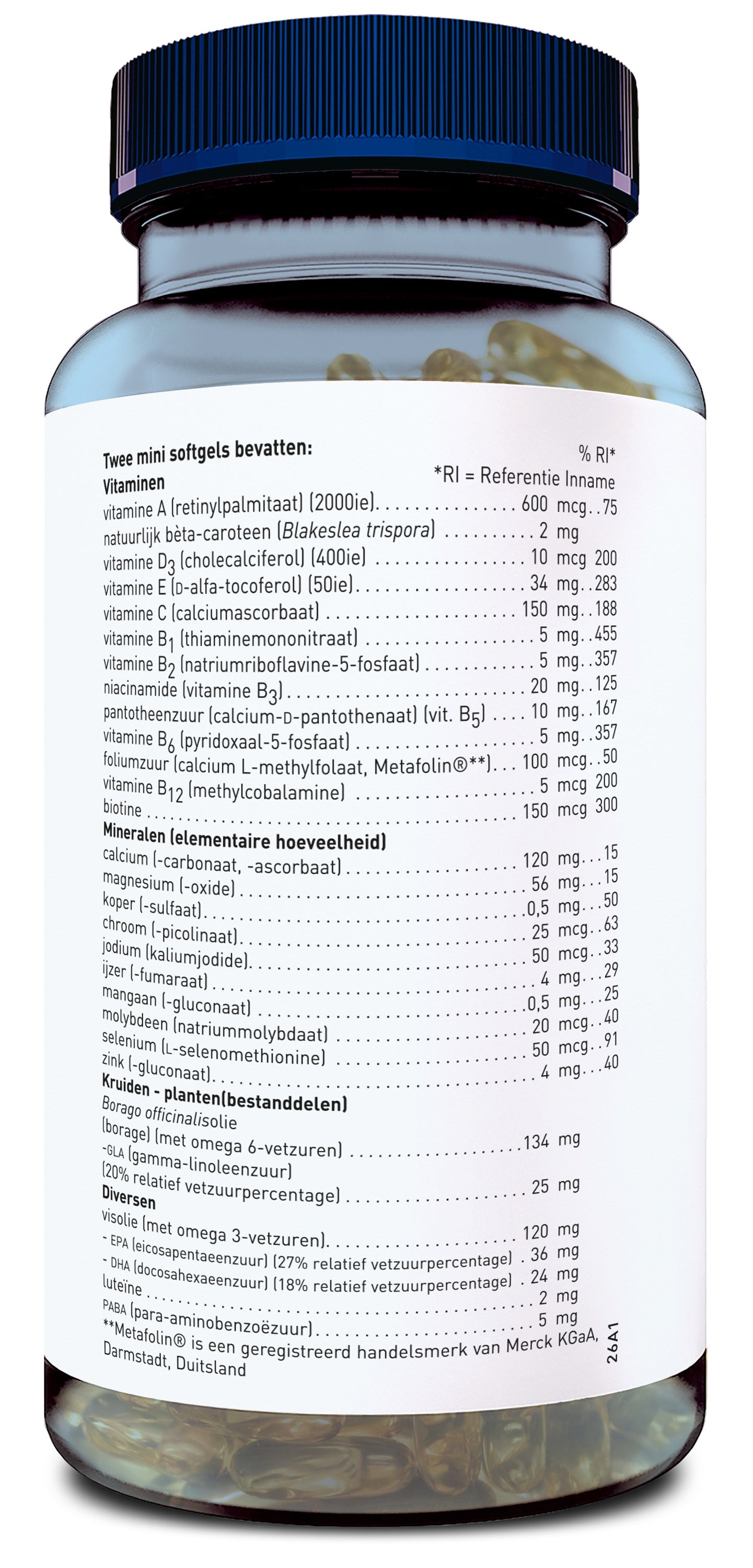 Orthica Multi Tiener softgel supplement bottle with 120 capsules, dietary supplement and herbal preparation for teens.