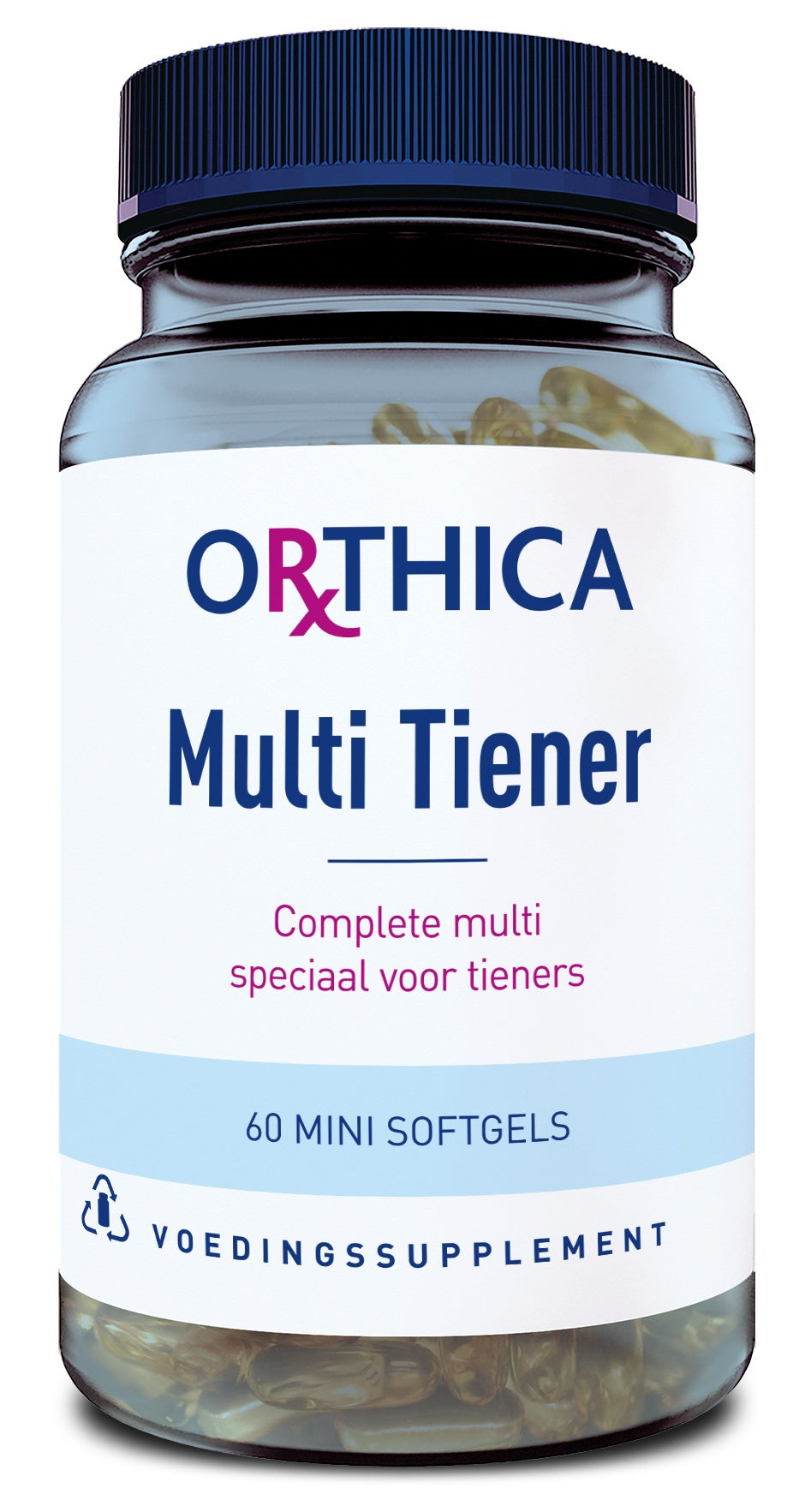 Orthica Multi Tiener softgel capsules, dietary supplement and herbal preparation for teenagers, displayed on a white background.