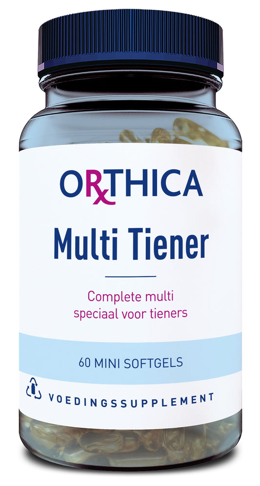 Orthica Multi Tiener softgel capsules, dietary supplement and herbal preparation for teenagers, displayed on a white background.
