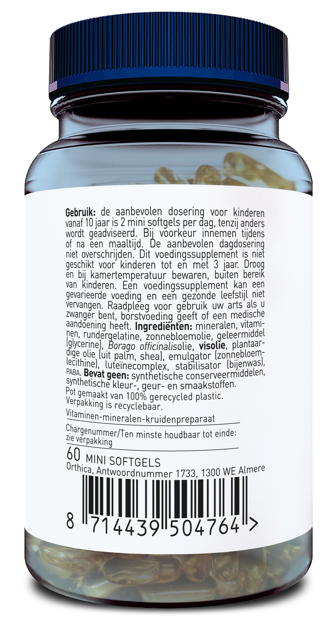 Orthica Multi Tiener softgels dietary supplement in a white bottle with green label, designed for teen nutrition.