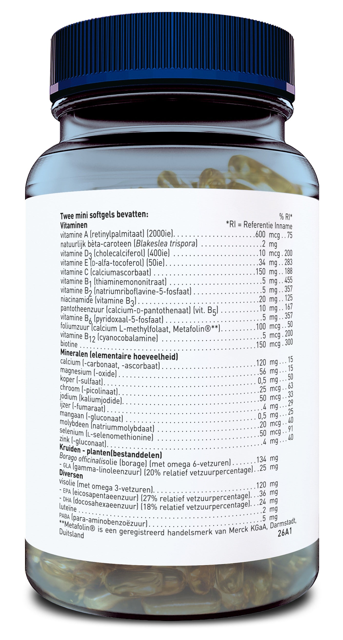 Orthica Multi Tiener softgel capsules, dietary supplement and herbal preparation, shown in a close-up image.