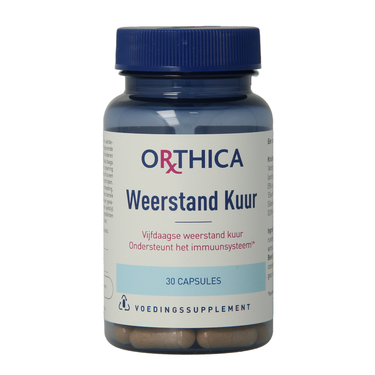 Orthica Weerstand kuur herbal supplement capsules in a bottle, offering natural immune support with 30 capsules for wellness.