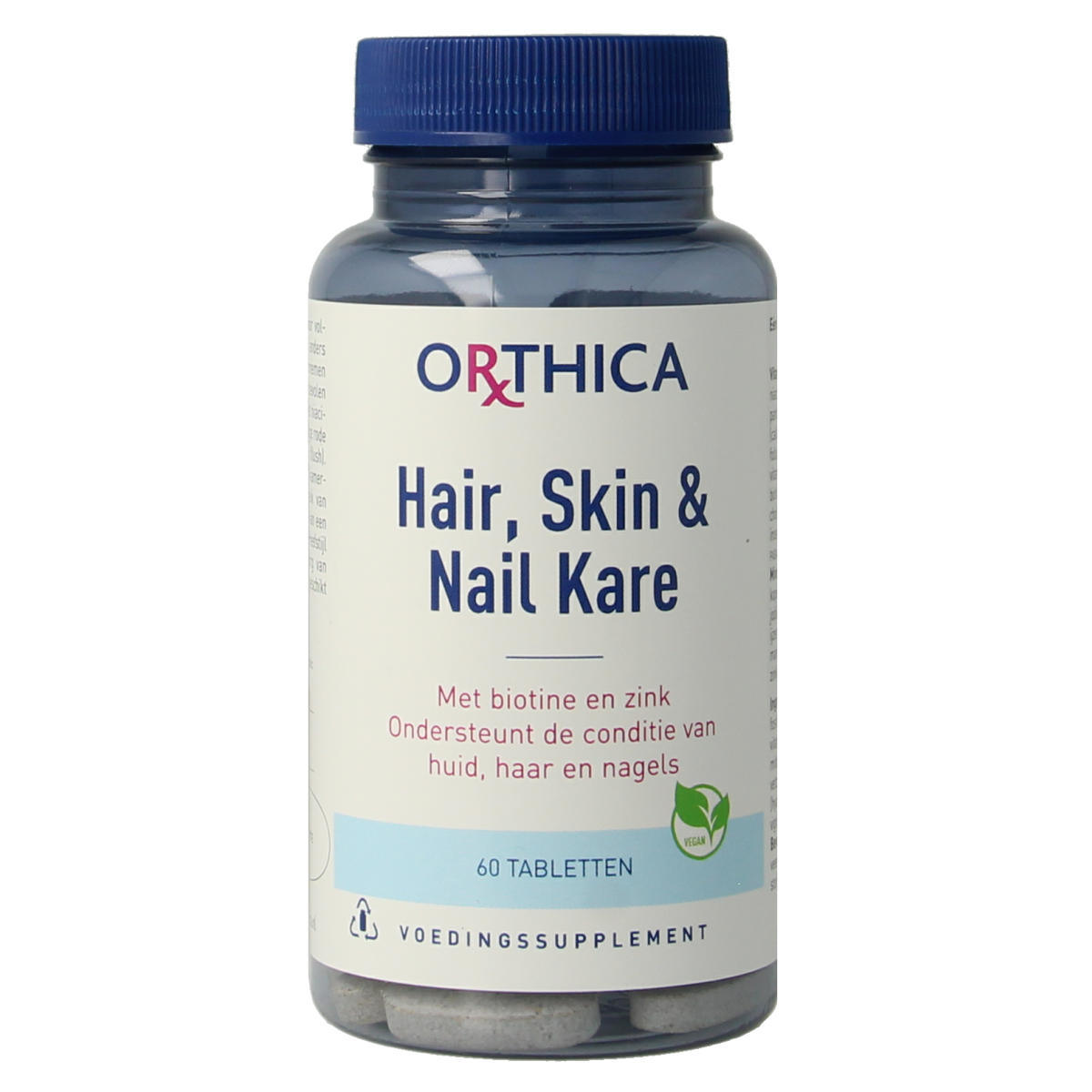 Orthica Hair Skin & Nails multi-vitamin tablets bottle with 60 capsules for hair, skin, and nail health.