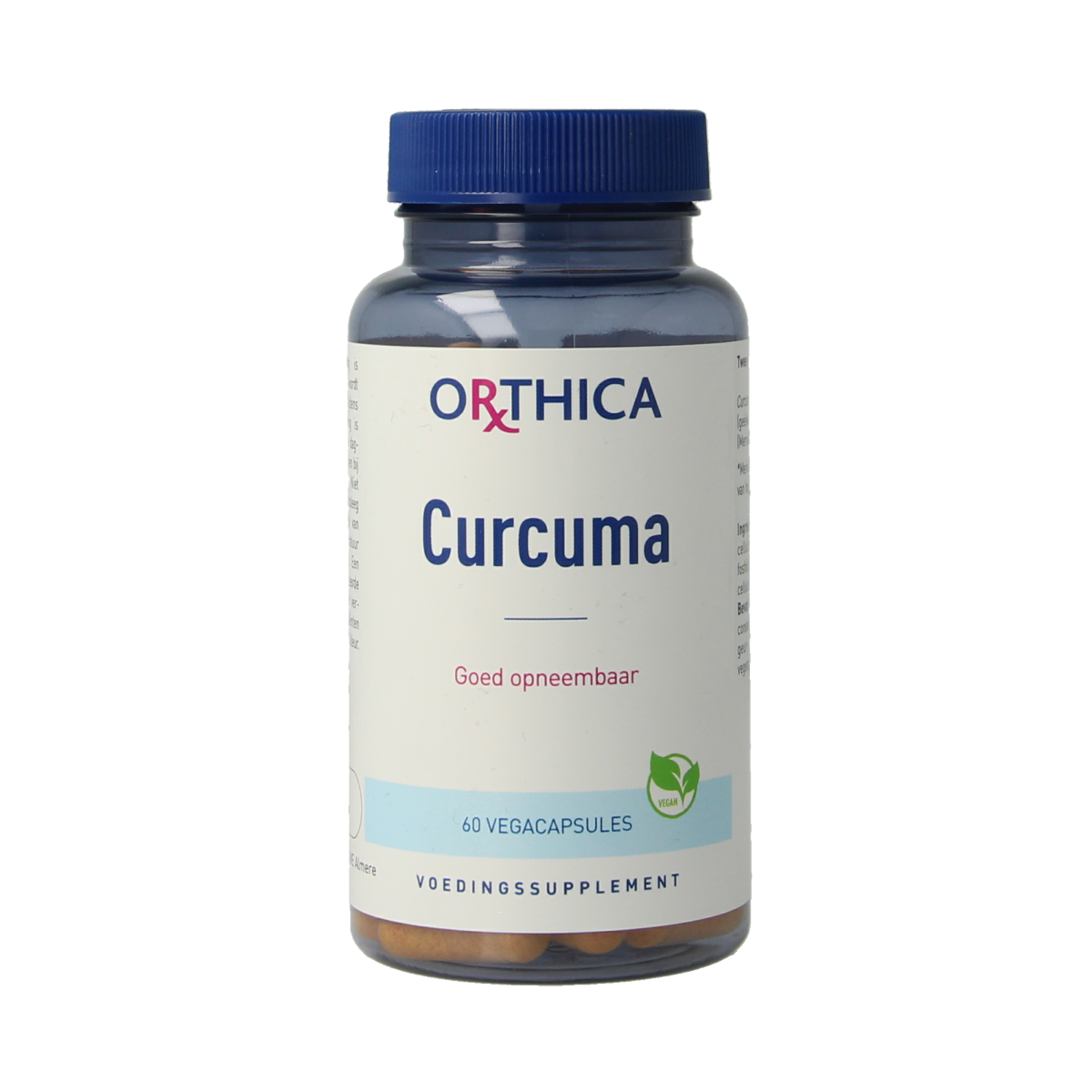Orthica Curcuma vegetarian capsules in a bottle, herbal supplement for joint and digestive health, natural herbal preparation.