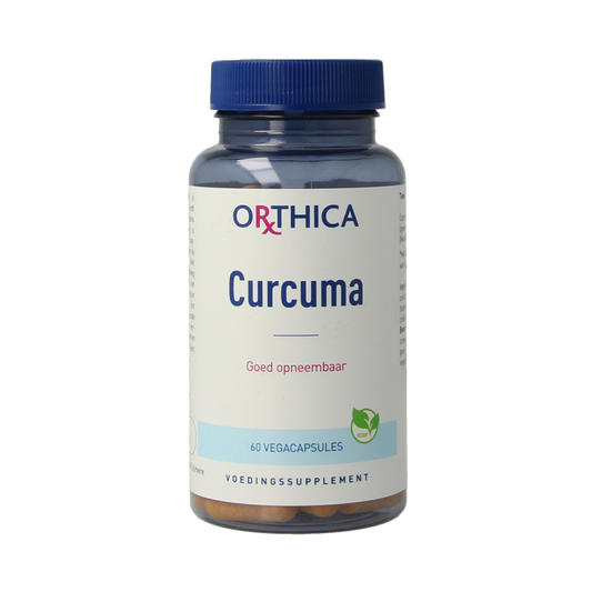 Orthica Curcuma vegetarian capsules in a bottle, herbal supplement for joint and digestive health, natural herbal preparation.