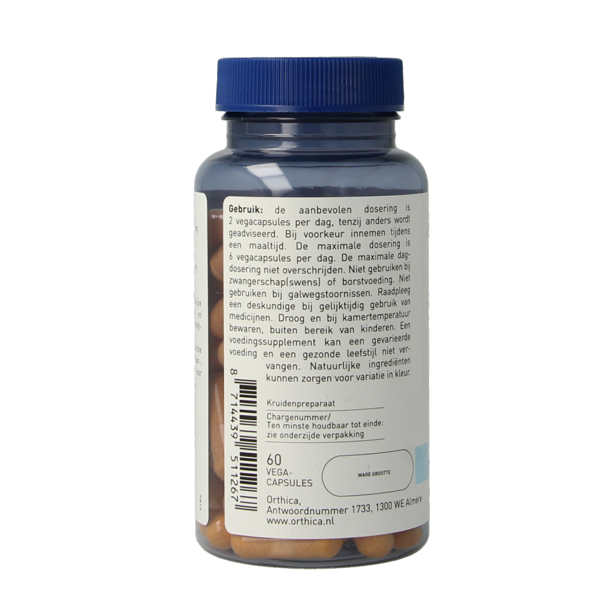 Orthica Curcuma vegetarian capsules in a bottle, herbal supplement for wellness, with a white label and capsule imagery.