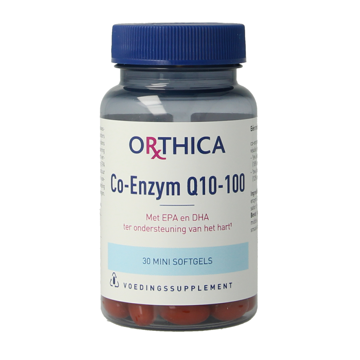 Orthica Co-enzym Q10 100mg softgels, dietary vitamin supplement with 30 softgel capsules on a white background.
