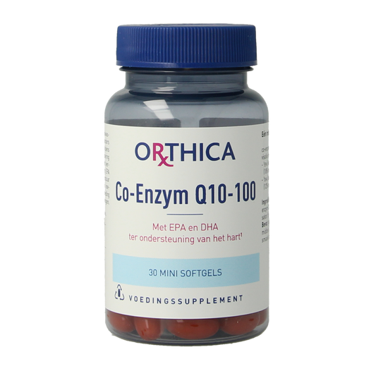Orthica Co-enzym Q10 100mg softgels, dietary vitamin supplement with 30 softgel capsules on a white background.