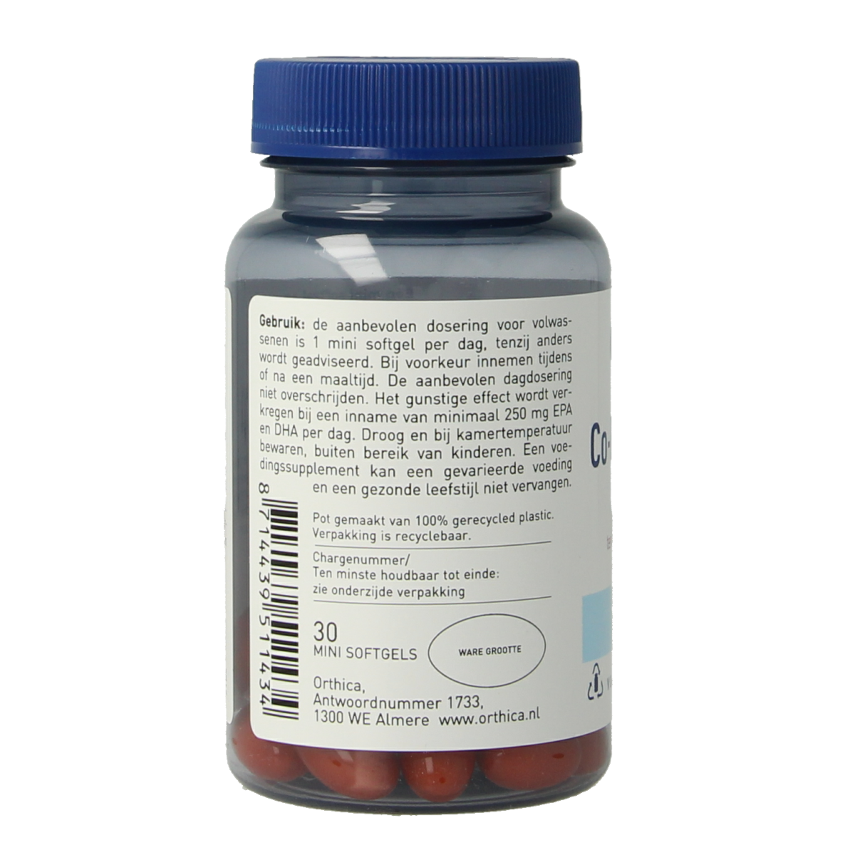 Orthica Co-enzym Q10 100mg softgels, dietary supplement, close-up of the supplement bottle and softgel capsules.