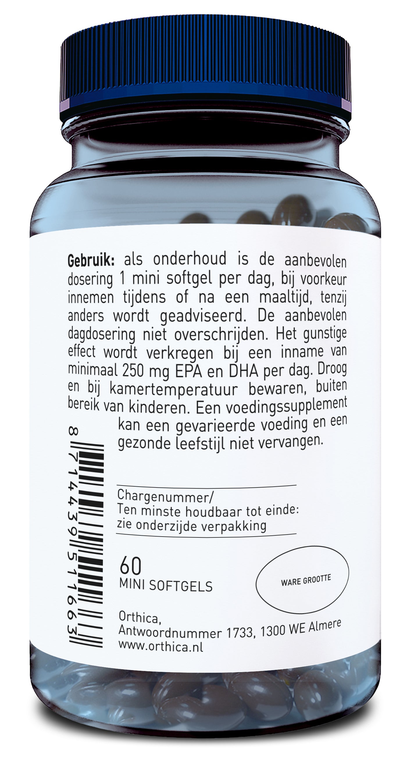 Orthica Co-enzyme Q10 30 or 60 softgels, dietary vitamin supplement in clear softgel capsules with black liquid inside.