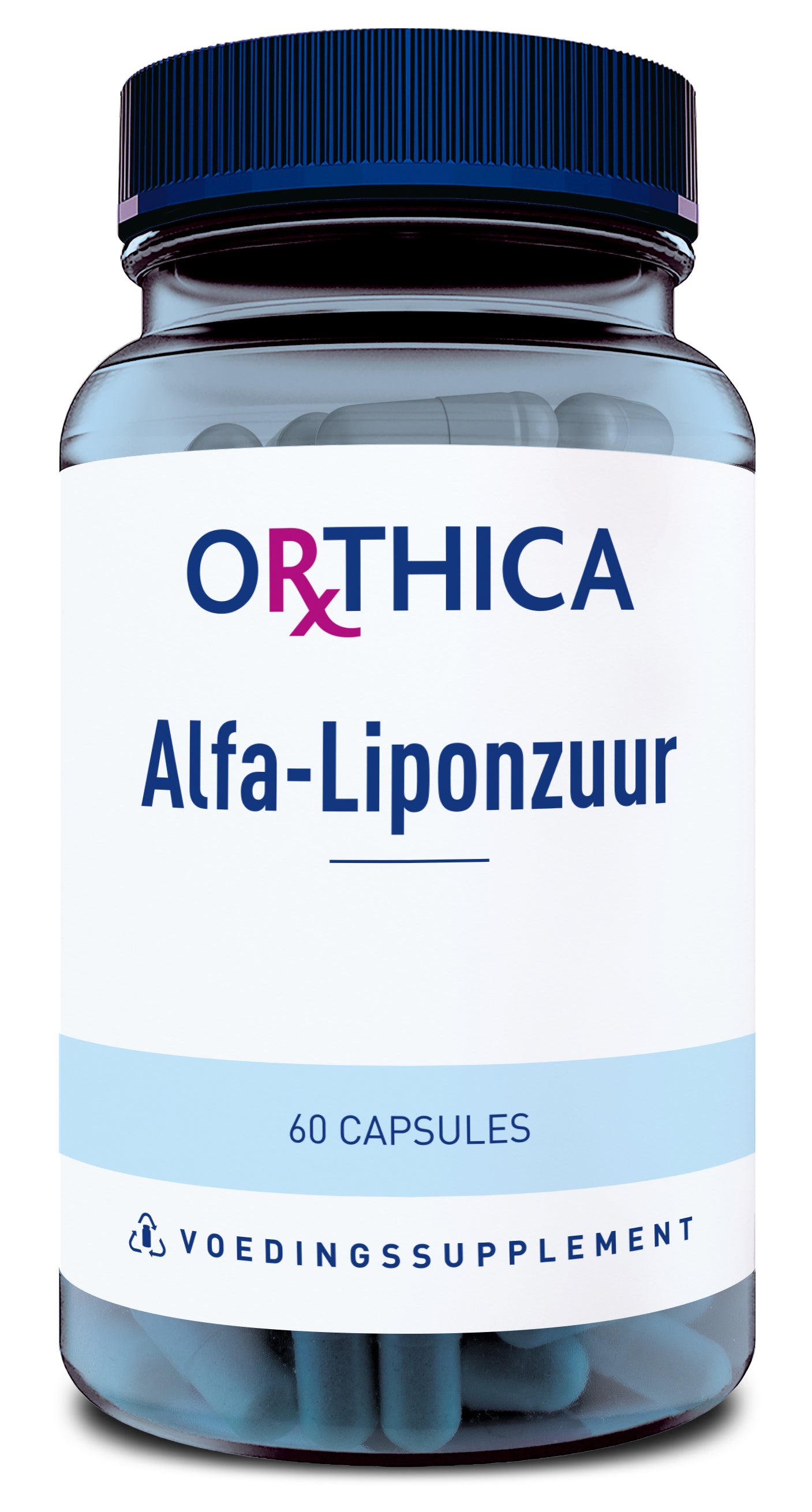 Orthica Alfa Liponzuur amino acid capsules bottle with label and capsules visible, supplement for metabolic health.
