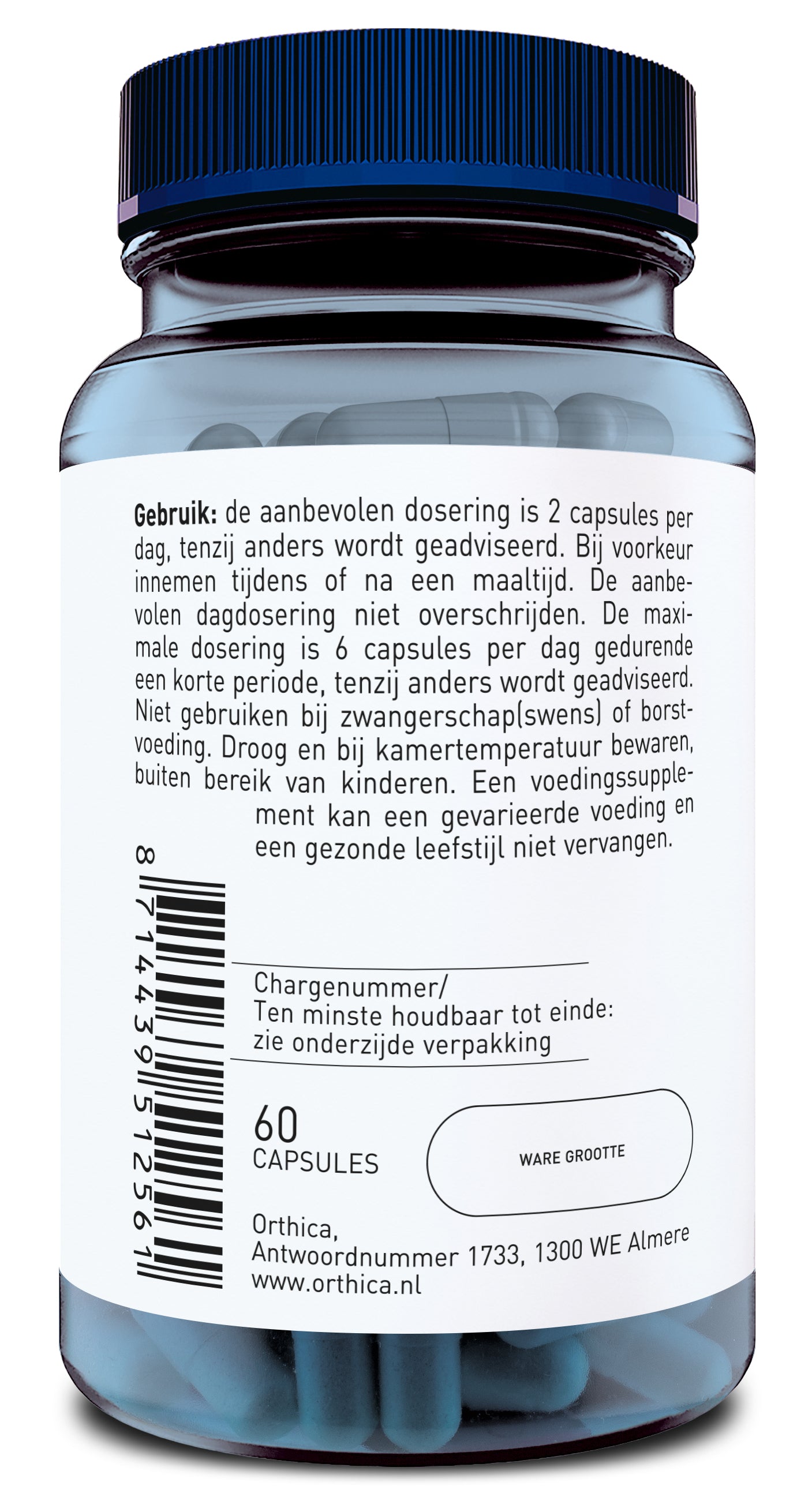 Orthica Alfa liponzuur amino acid capsules in a bottle, dietary supplement for antioxidant support.