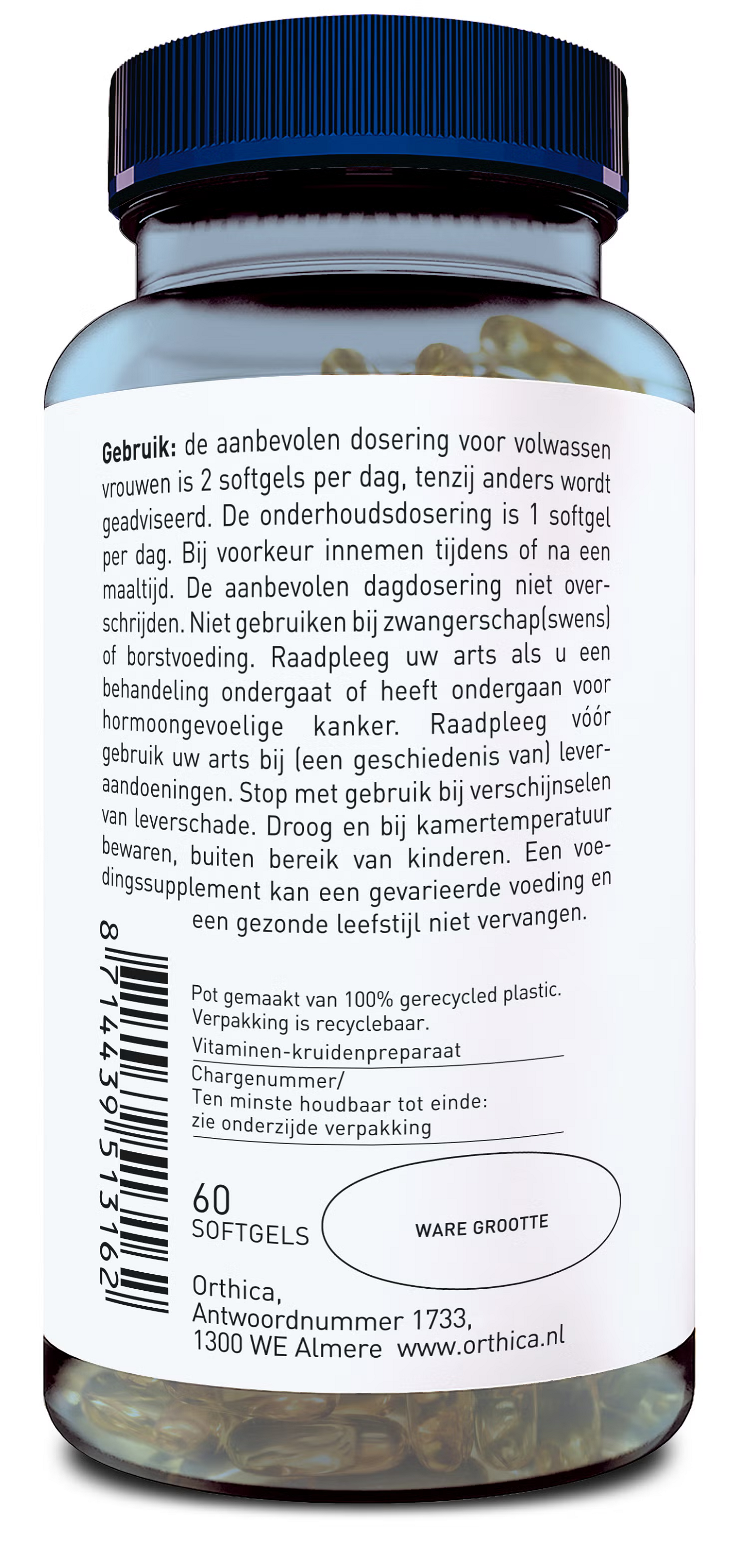 Orthica Menopauze Support herbal softgels, natural supplement for menopause relief, in a clear bottle with softgel capsules.