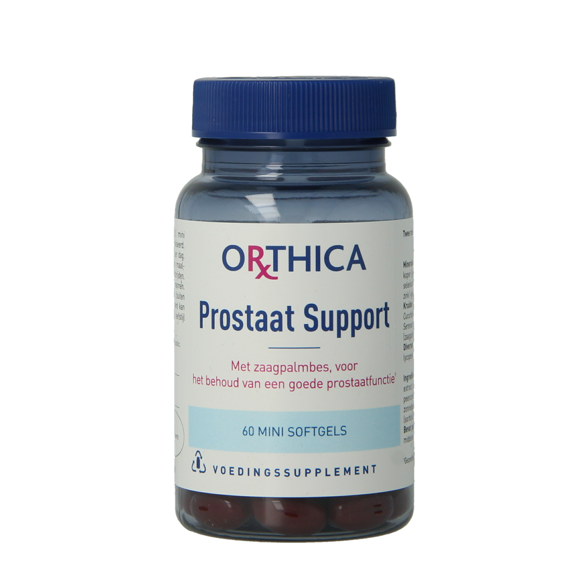 Orthica Prostaat Support capsules, herbal supplement for prostate health, displayed in a bottle with 60 capsules.