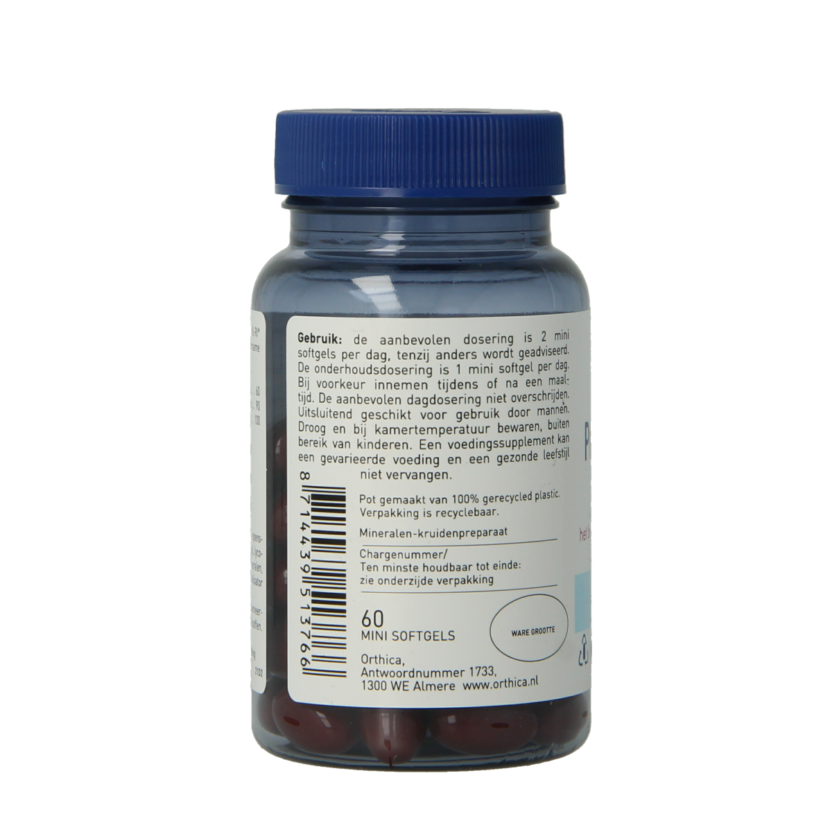 Orthica Prostaat support capsules, herbal supplement for prostate health, featuring 60 capsules in a natural herbal preparation.