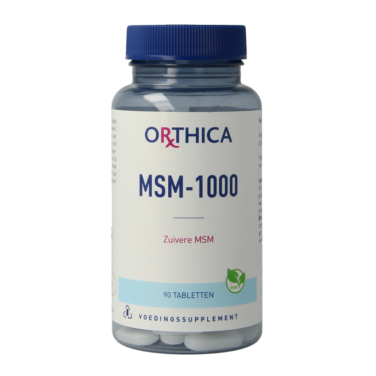 Orthica MSM 1000 mineral tablets in a bottle, showcasing the supplement's packaging and label for joint and skin support.