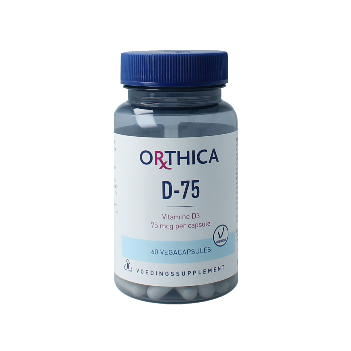 Orthica Vitamine D-75 vegetarian capsules, dietary supplement, shown in bottle with white cap and label, on a neutral background.