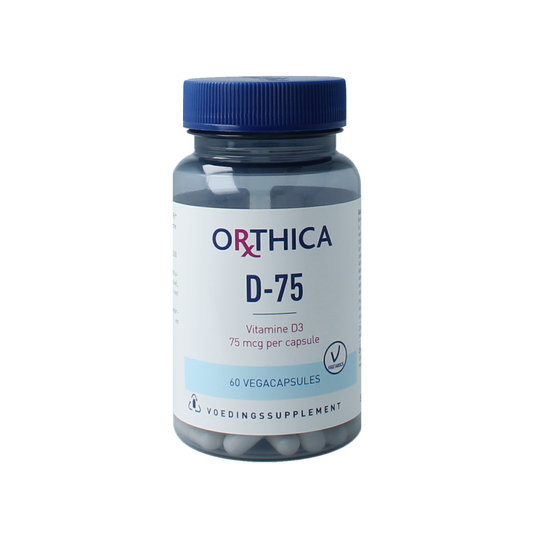Orthica Vitamine D-75 vegetarian capsules, dietary supplement, shown in bottle with white cap and label, on a neutral background.