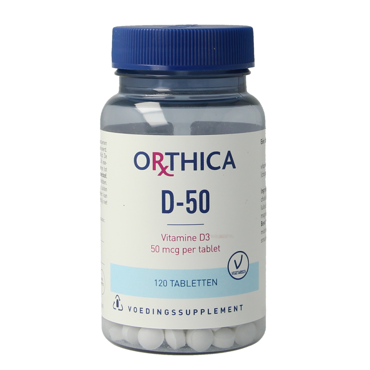 Orthica Vitamine D-50 supplement bottles with 120 tablets, featuring white tablets and packaging with brand logo.