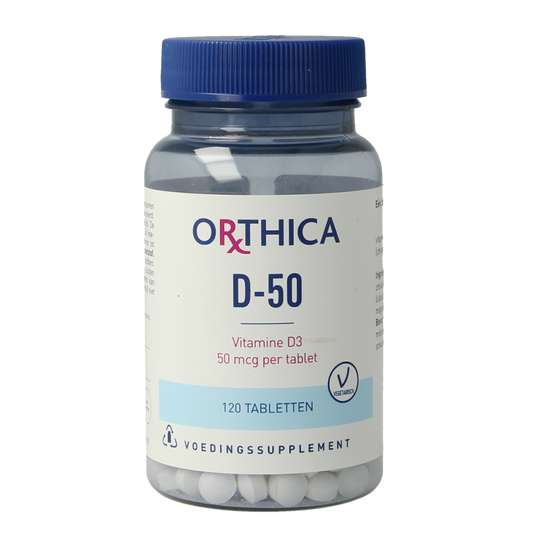 Orthica Vitamine D-50 supplement bottles with 120 tablets, featuring white tablets and packaging with brand logo.