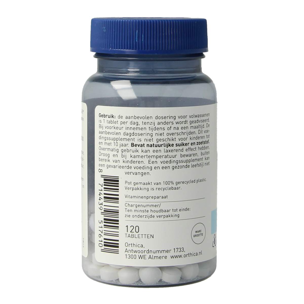 Orthica Vitamine D-50 supplement bottle with 120 tablets, showing the label and product packaging.